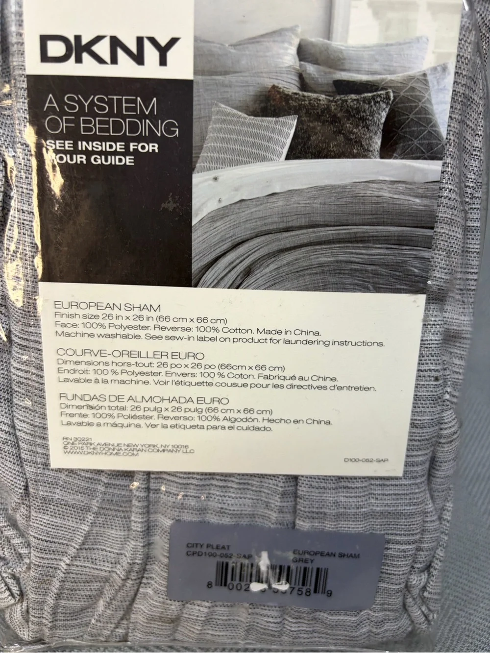 NWT DKNY euro sham city pleat gray